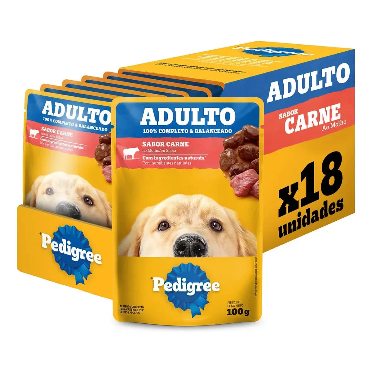 Pack Ração Úmida Pedigree para Cães Adultos Sachê Carne ao Molho, 100g - Caixa com 18 unidades