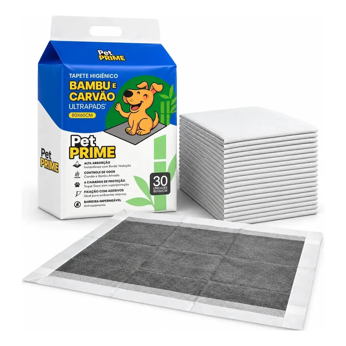 Tapete Higiênico Para Cães 80x60cm, Kit com 30 Unidades e 6 Camadas de Carvão Ativo