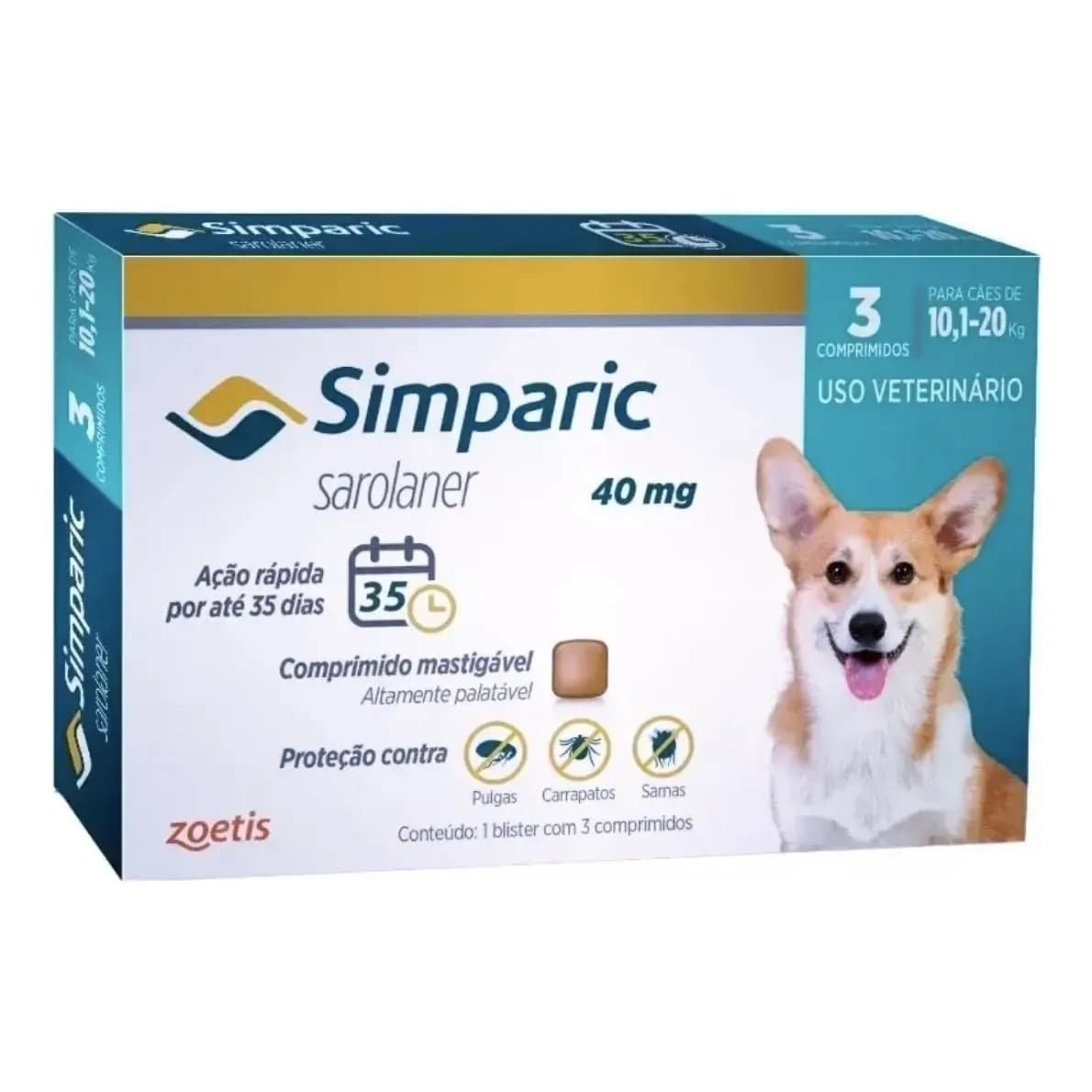 Simparic 40mg Cães 10,1-20kg Pulgas Carrapatos 3 Comprimidos Zoetis