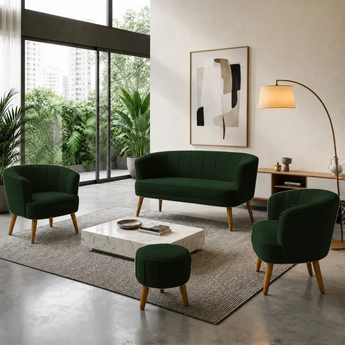 Kit 2 Poltronas Namoradeira Puff Em Veludo Com Pés Palito Verde-musgo