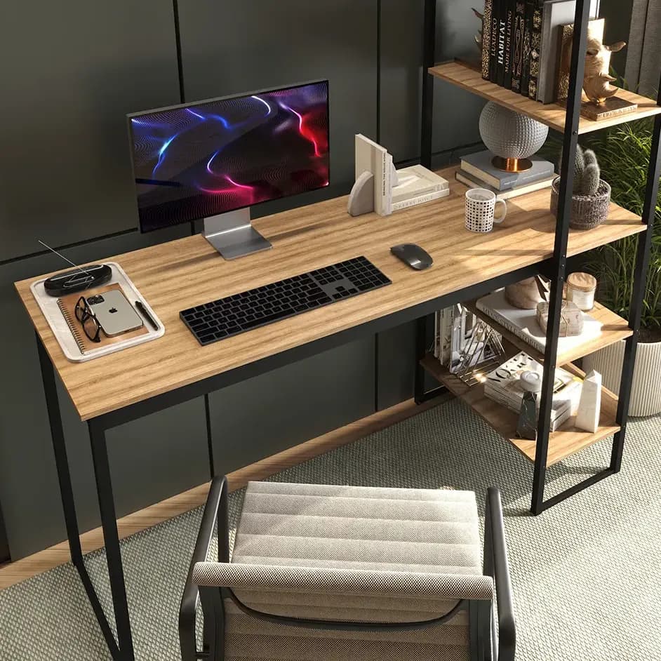 Mesa Escrivaninha Industrial Laminado Com Preto 5 Prateleiras Design Moderno Modelo Para Home Office Mod: Athenas Shoop