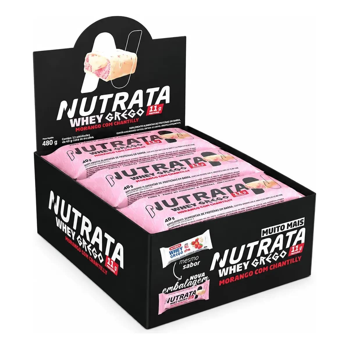 Barra Whey Grego 40g Display com 12 unidades Morango com Chantilly Nutrata