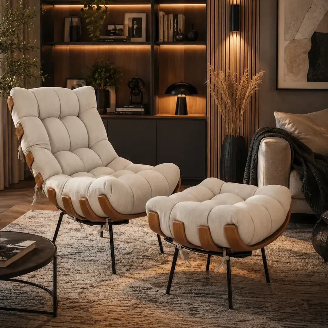 Poltrona Costela Com  Puff Para Sala Original Linho Bege Bege Liso