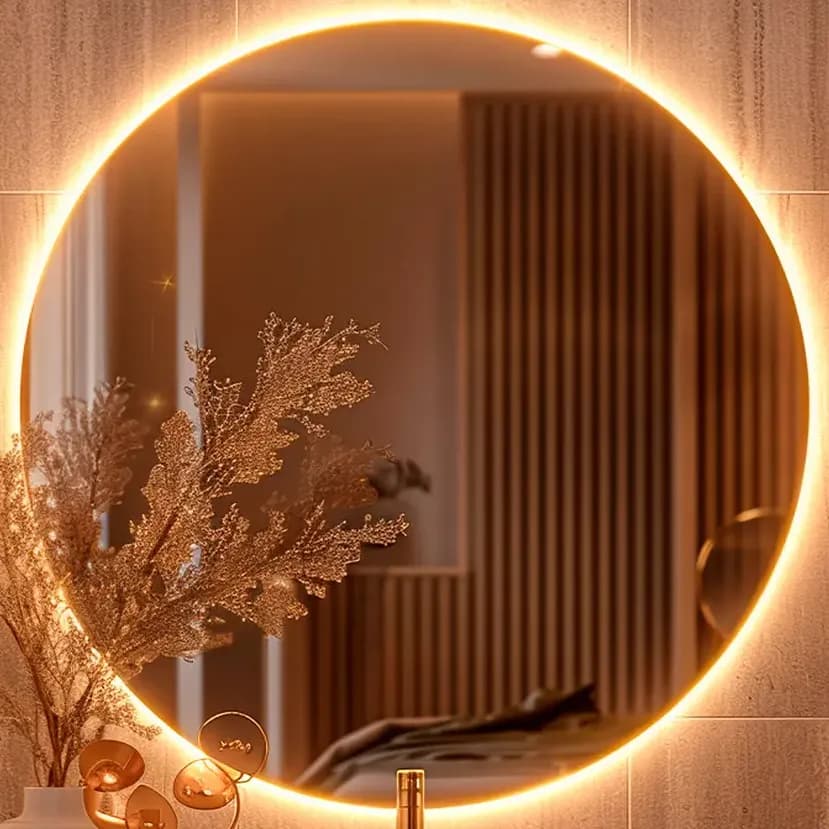 Espelho Redondo Grande de 50cm com Led Frio - Espelho com Luz Ideal para Quarto, Banheiro e Sala, Espelho com Led e Moldura Lapidada para Decoração de Parede
