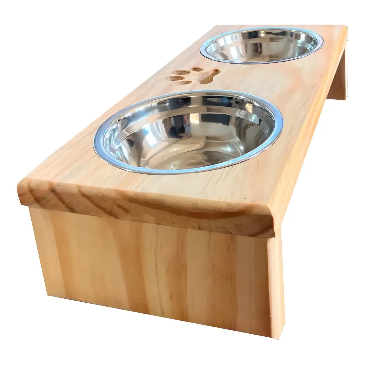 Comedouro P/ Gato Cachorro Pet Elevado Duplo 2 Potes Madeira Cor Marrom-claro