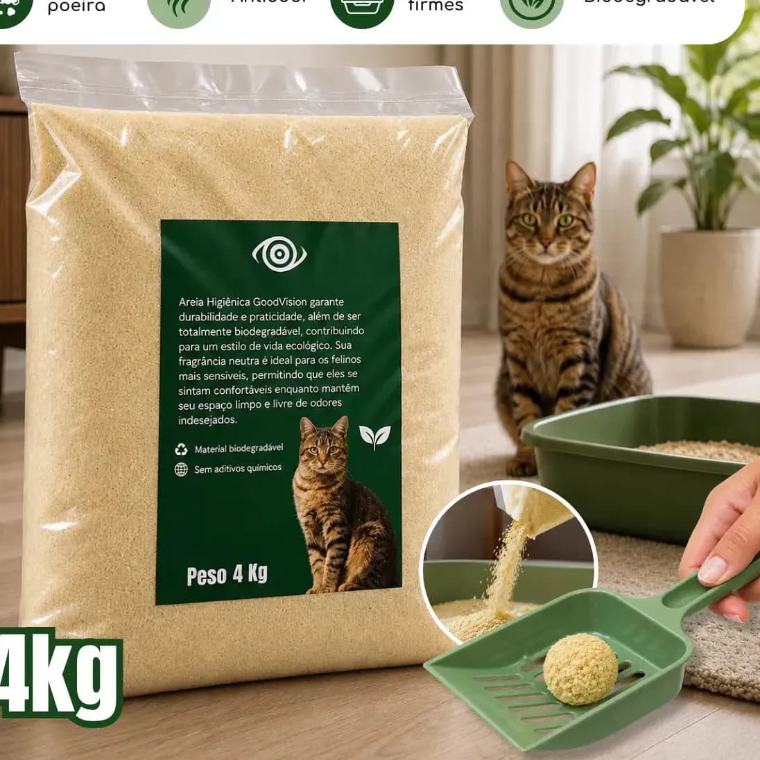 Areia Higiênica Para Gatos Feita de Mandioca e Milho Biodegradável Alta Absorção Baixo Odor 4kg - GoodVision