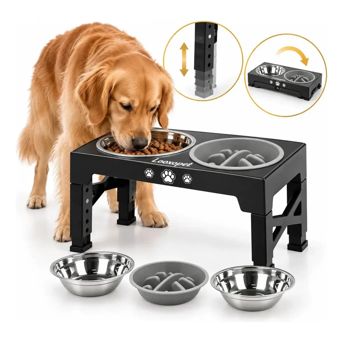 Comedouro Bebedouro Elevado Cães Duplo Lento Inox Grandes Ajustável Looxopet Preto