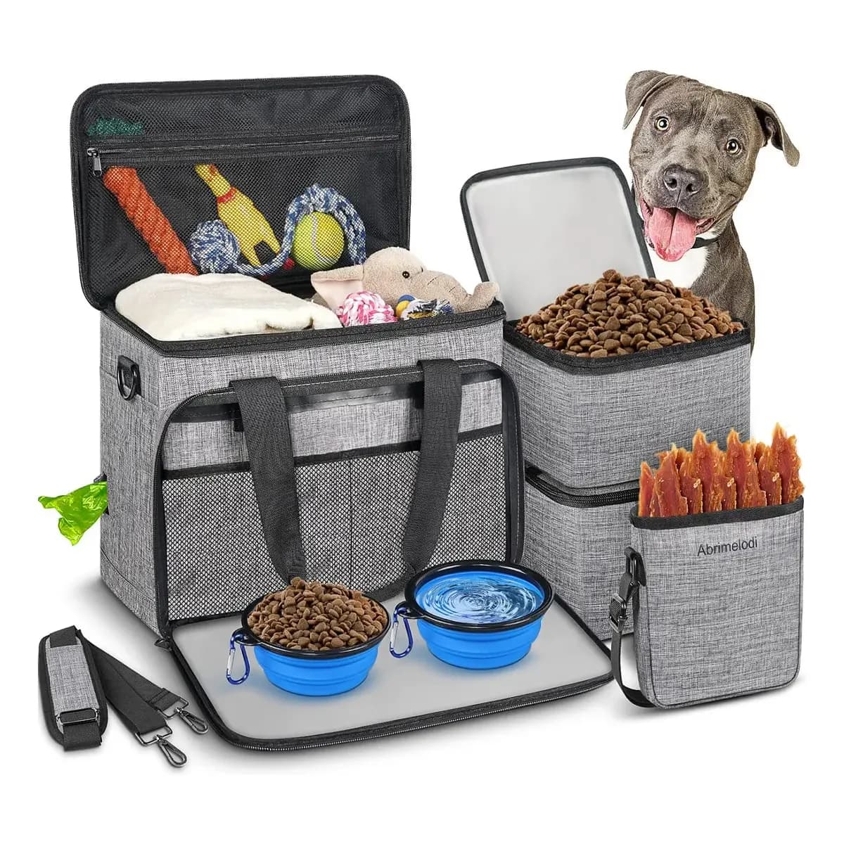 Bolsa De Viagem Para Cachorros Grande Com 6 Peças Inclui 2 Tigelas Dobráveis, 2 Recipientes De Ração E 1 Bolsa De Petiscos, Mochila Organizadora Para Acessórios De Pets, Cor Cinza