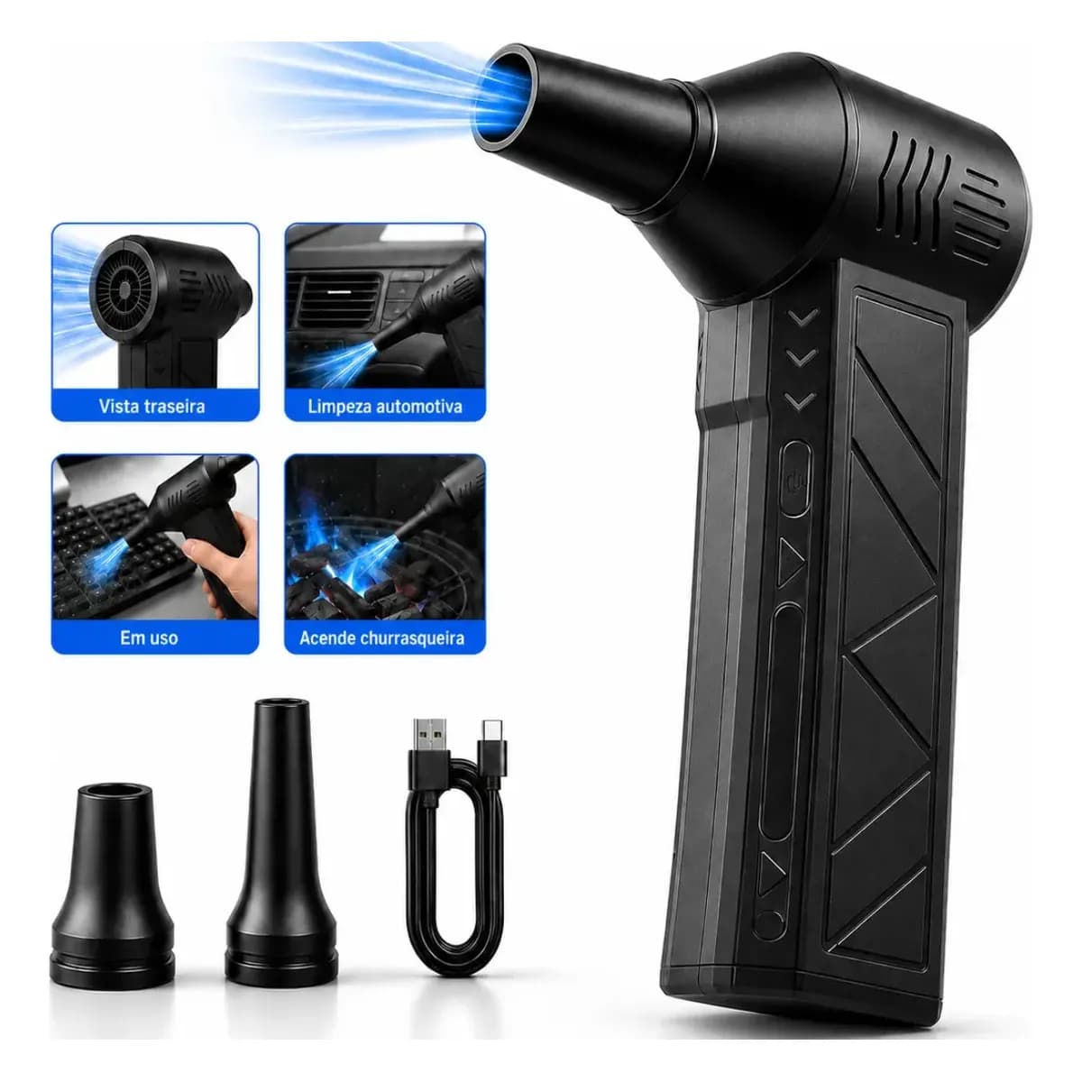 Soprador De Ar Mini Turbo Portátil Usb Sem Fio Recarregável Para Limpeza Com 2 Bicos E Inflar Preto Woosh