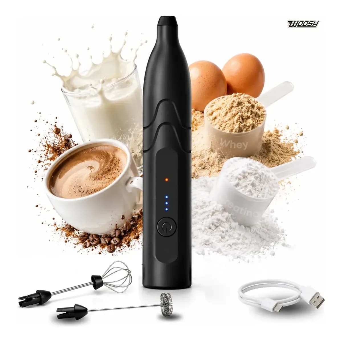 Mixer Elétrico Portátil 2 em 1 Recarregável Potente Misturador de Bebidas e Ovos 3 Velocidades Usb Batedor e Fue Fouet