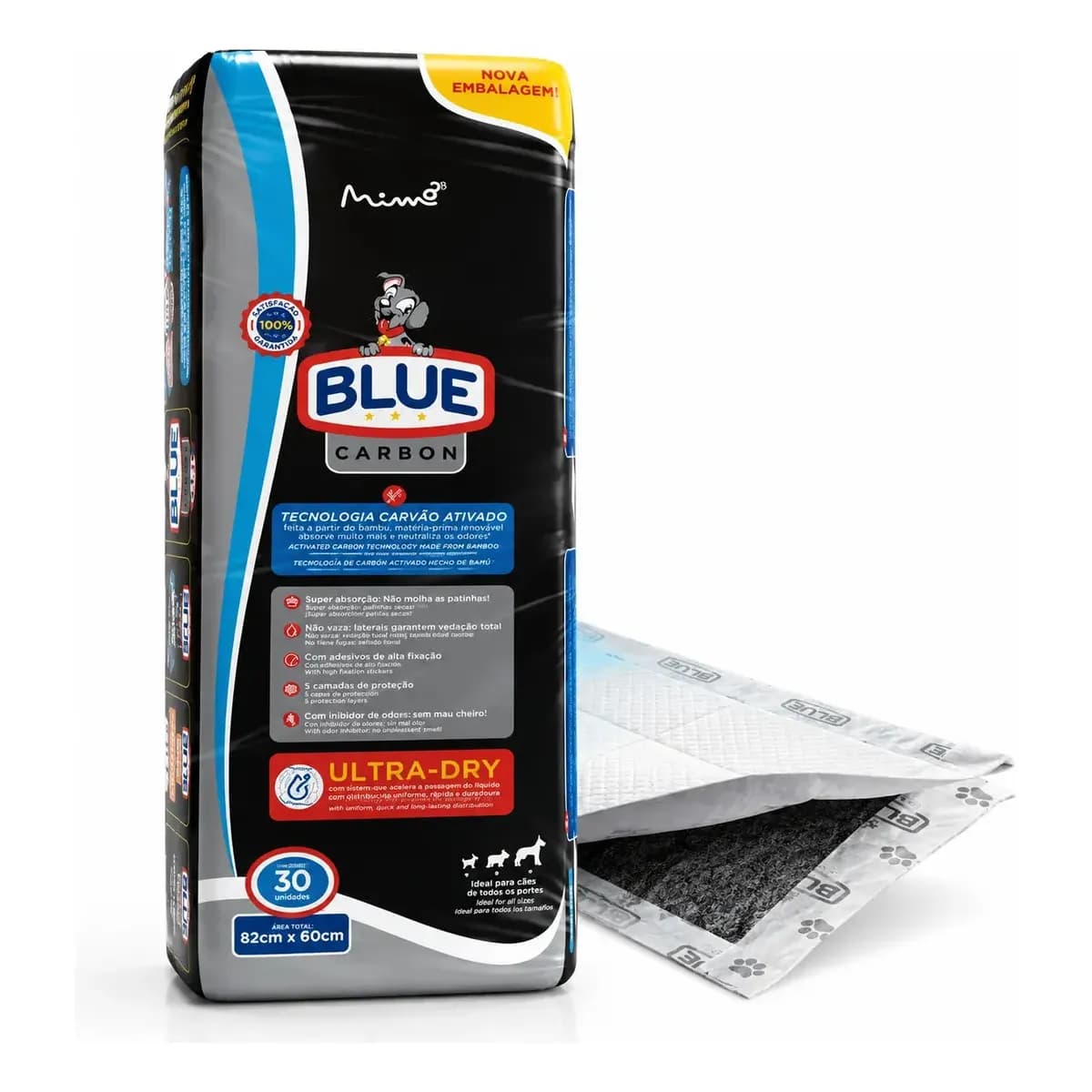 Tapete Higiênico Blue Carbon 30un Carvão Ativado 82x60 Cinza