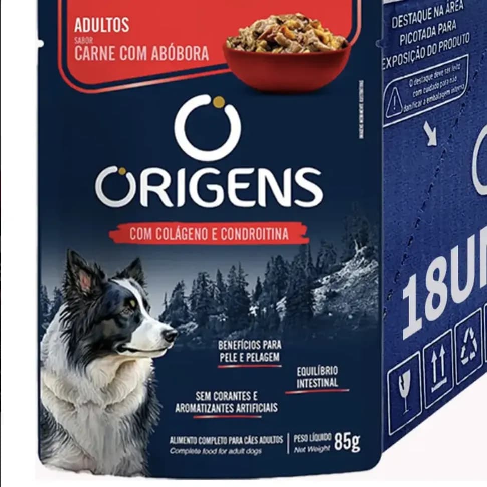 Sachê Origens Cães Adultos Carne Ração Úmida 85g Cx 18 Unid