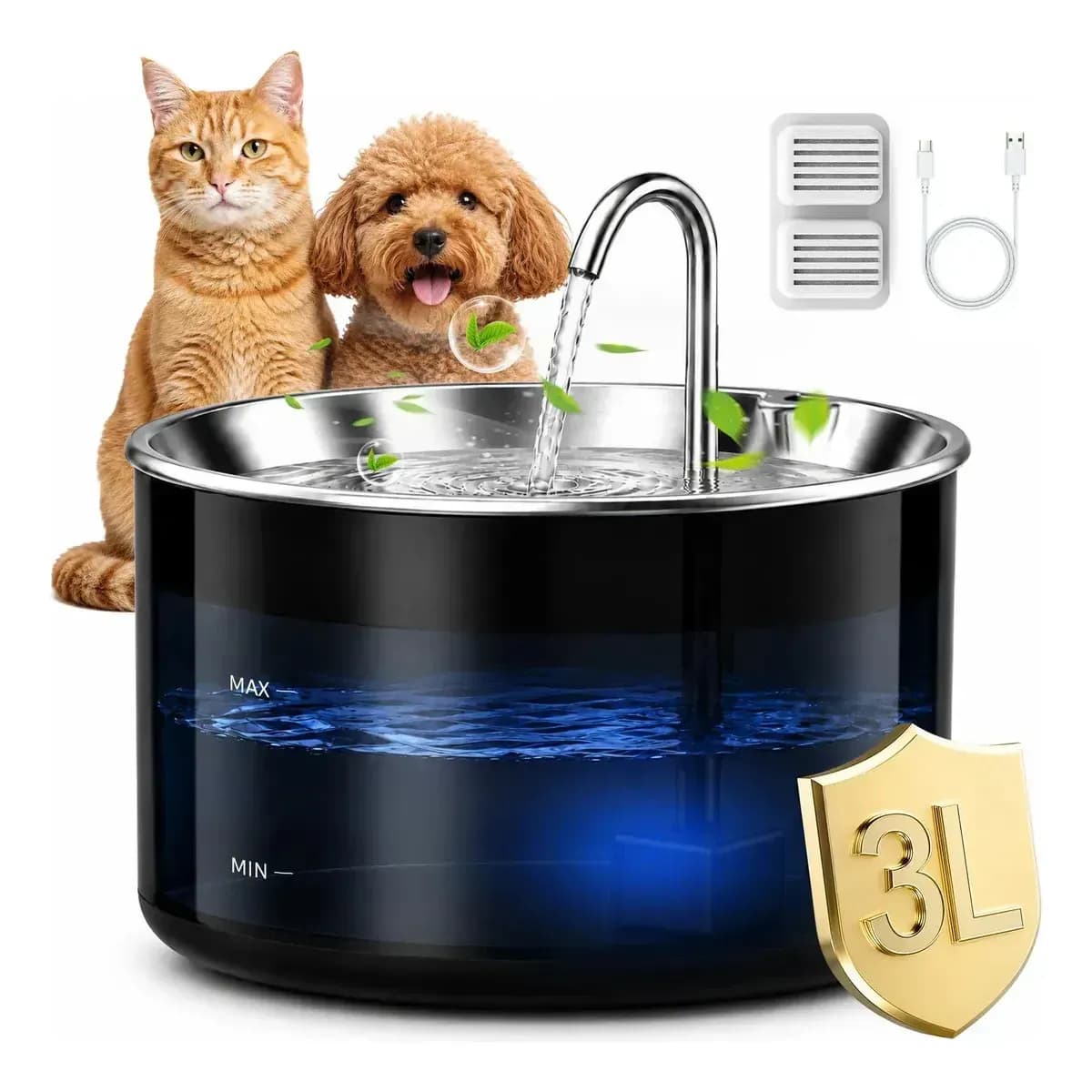 Bebedouro Fonte de Água para Gatos Cães Inox 3L Silencioso Filtragem 4 Níveis
