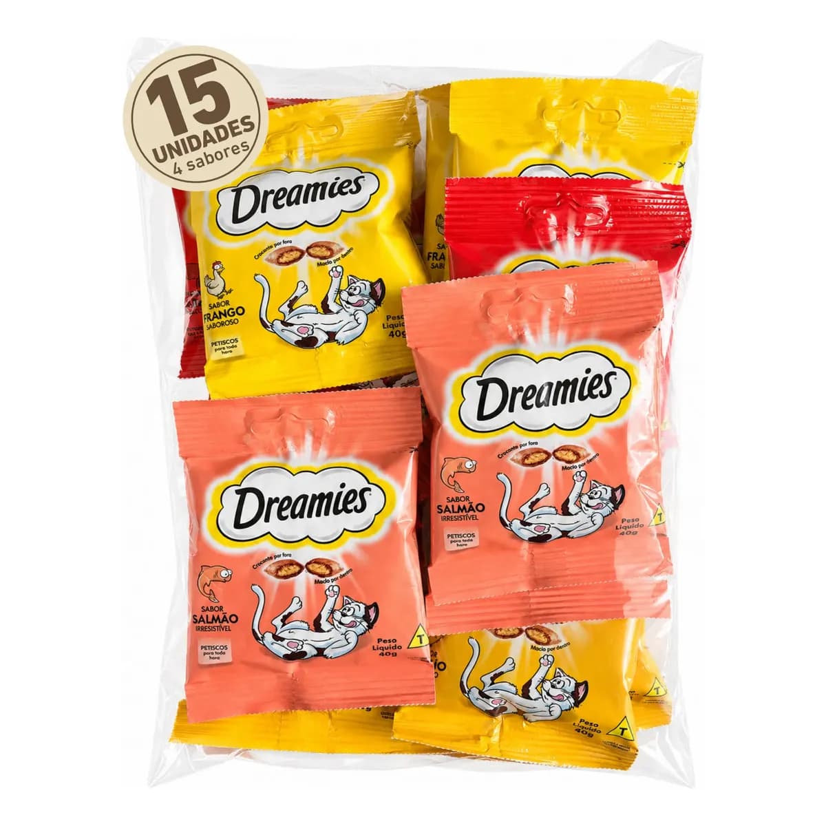Petisco Dreamies Para Gatos Pacote Com 15 Sache Misto 600g Carne, Frango, Salmão E Queijo