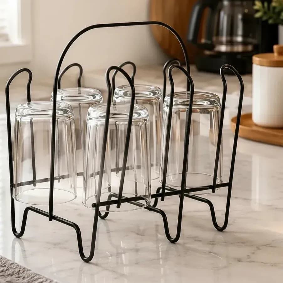 Suporte Porta 6 Copos Aramado Mesa Bancada Preto Metal Preto