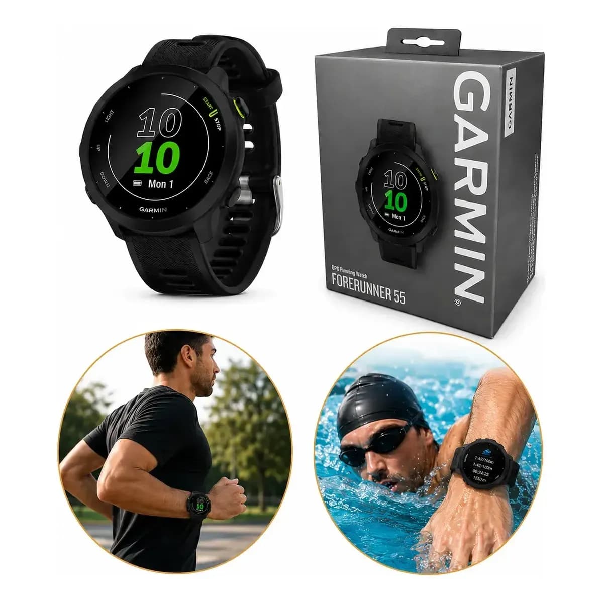 Relógio Garmin Forerunner 55 Monitor Cardíaco Gps 42mm Preto Corrida Caminhada Ciclismo Natação Monitoramento Sono Pace Calorias Distância Cronômetro Resistente Leve Esportivo Unissex Com Gps Rápido