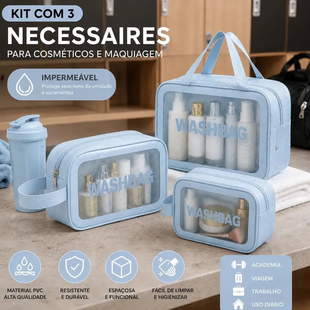 Kit 3 Necessaire Estojo De Toalete Organizador De Malas Kit Maternidade Cosméticos Shampoo Impermeável Ideal Para Áreas Molhadas Viagens Trabalho Academia Material PVC Qualidade Tche Amo Cor Azul