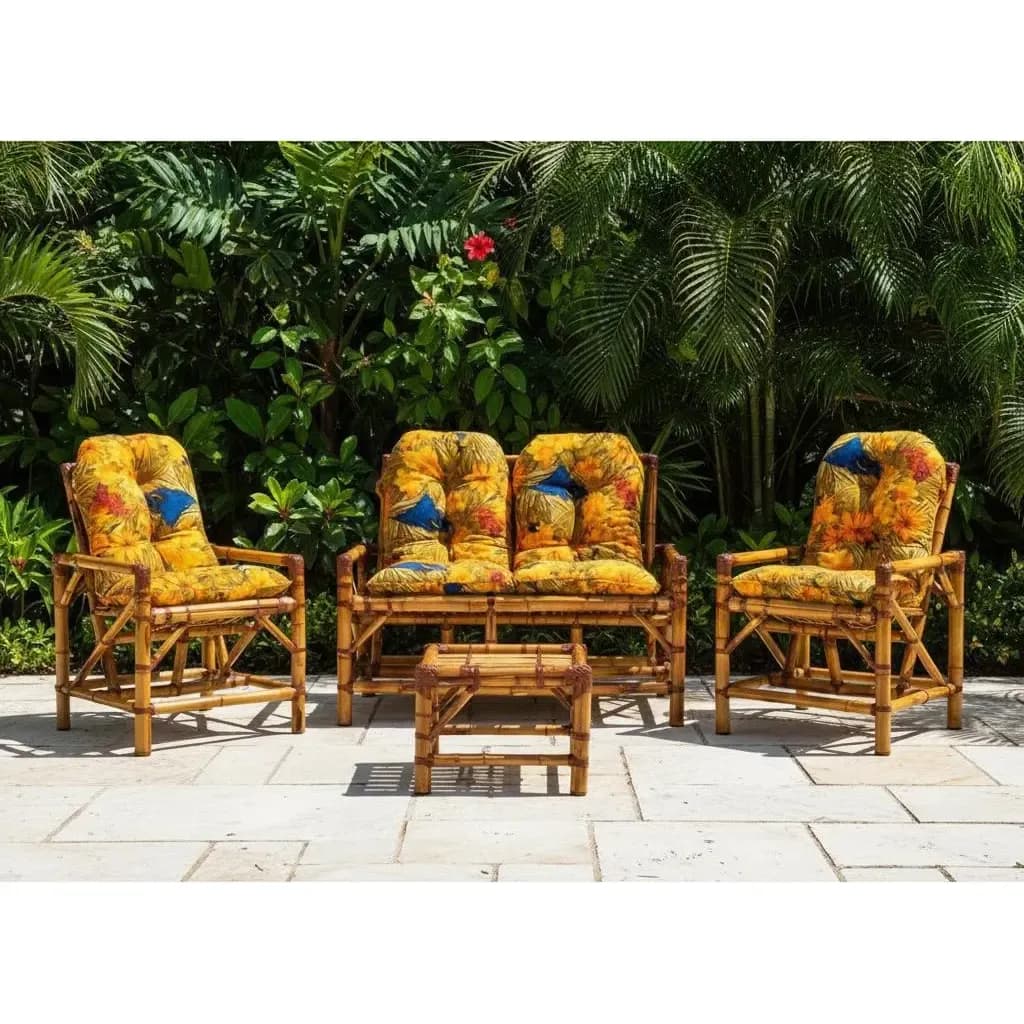 Conjunto Cadeiras De Bambu 4 Lugares + Almofadas E Mesinha Laranja Arara Azul