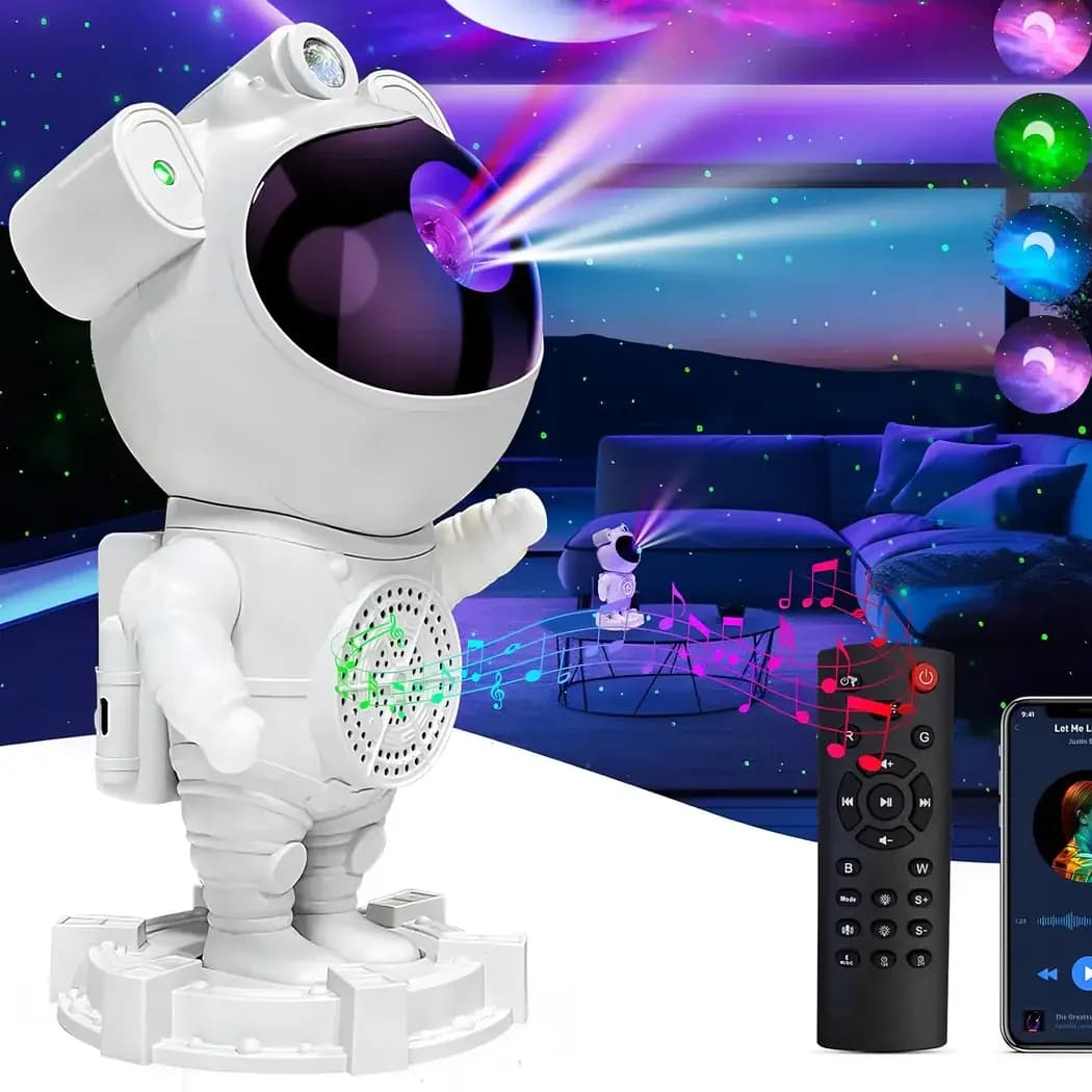 Projetor Astronauta para Teto Galáxia com Caixa de Som Bluetooth e Luz Noturna LED