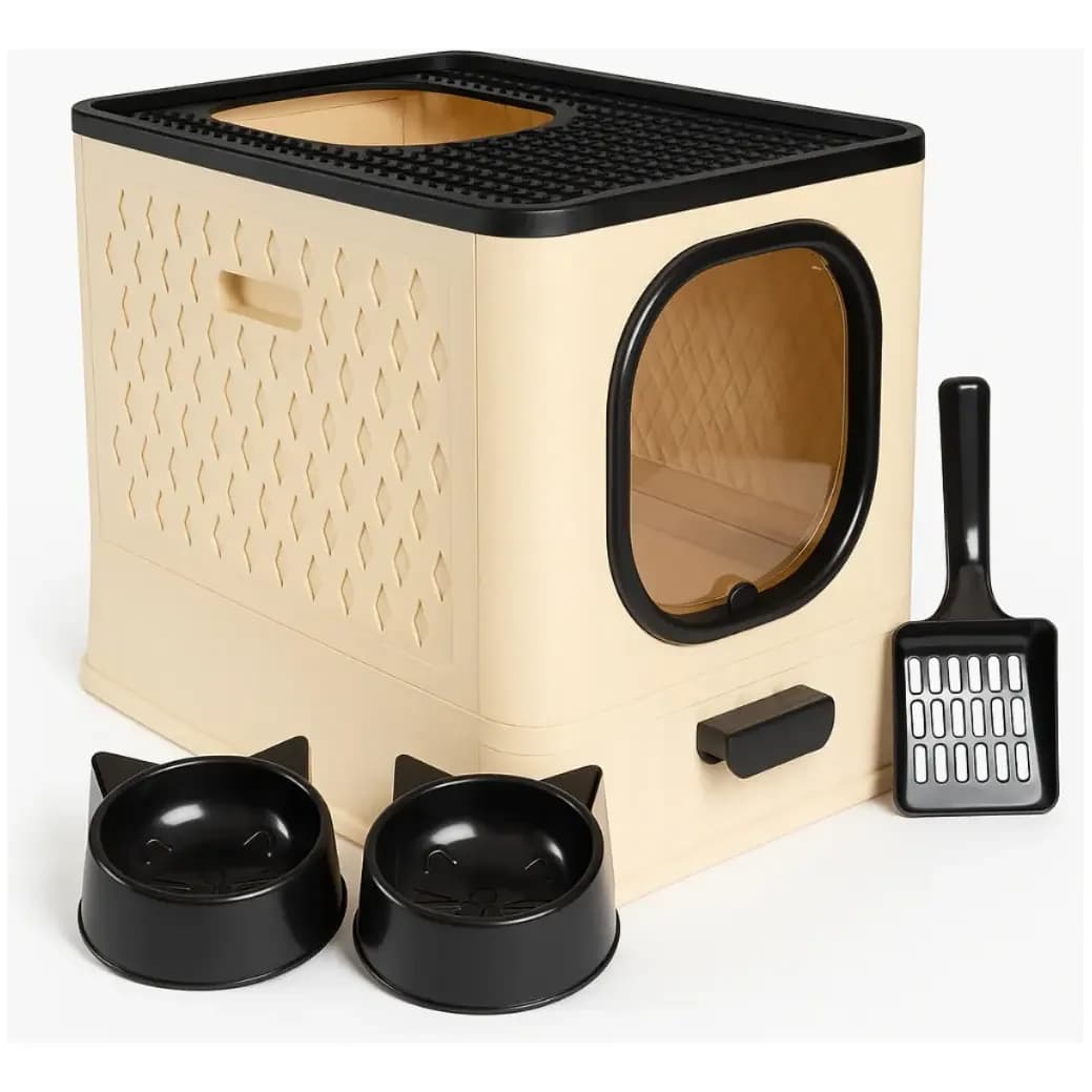 Caixa De Areia Premium Para Gatos Fechada Furba Grande Sandbox Luxo Bege