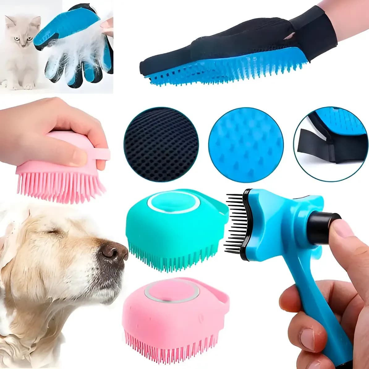 Kit Luva + Lava Pelos Escova + Dispenser Banho Shampoo Pet Aleatório