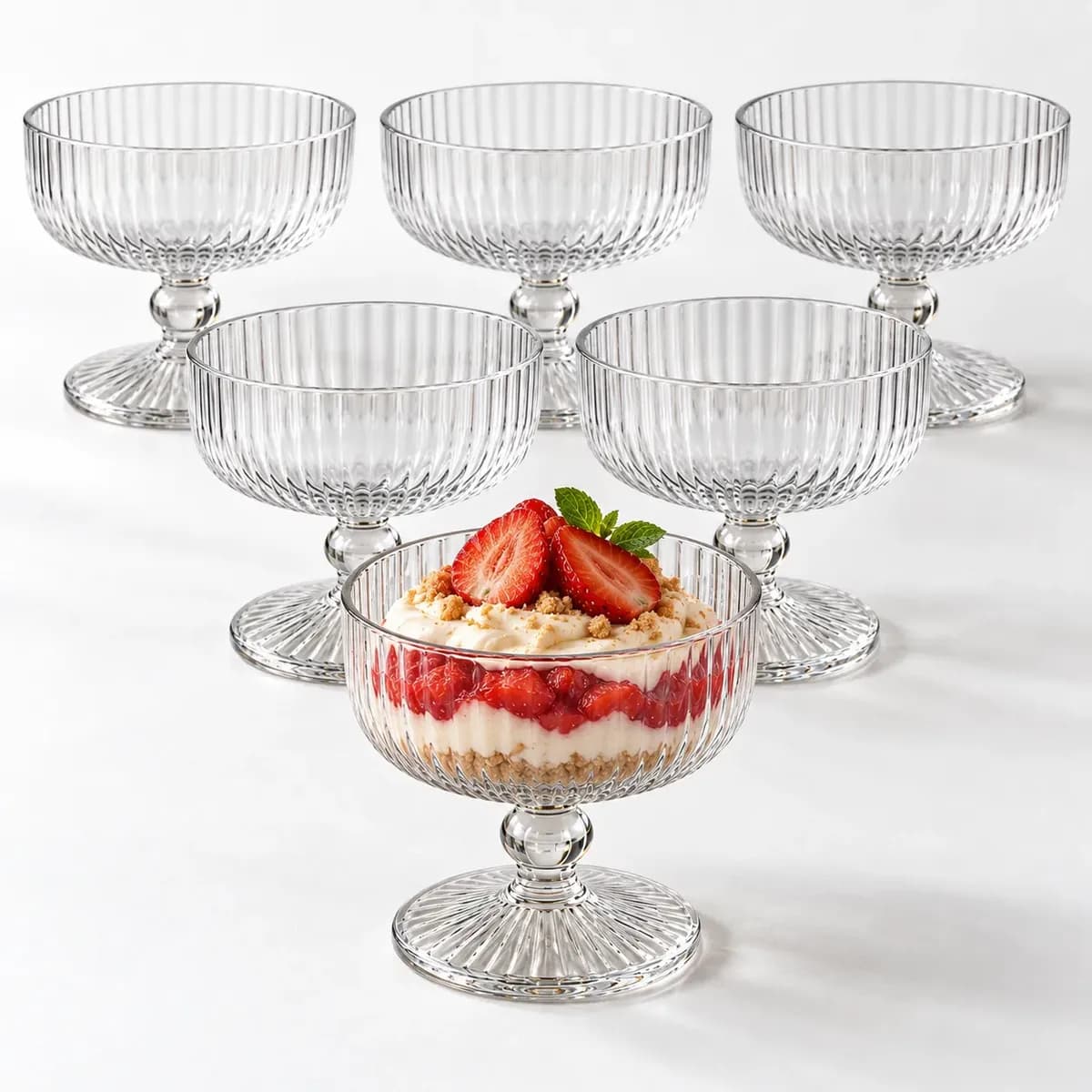 Jogo De 6 Taças 320ml Vidro Canelado Sobremesa Açai Sorvete Branco