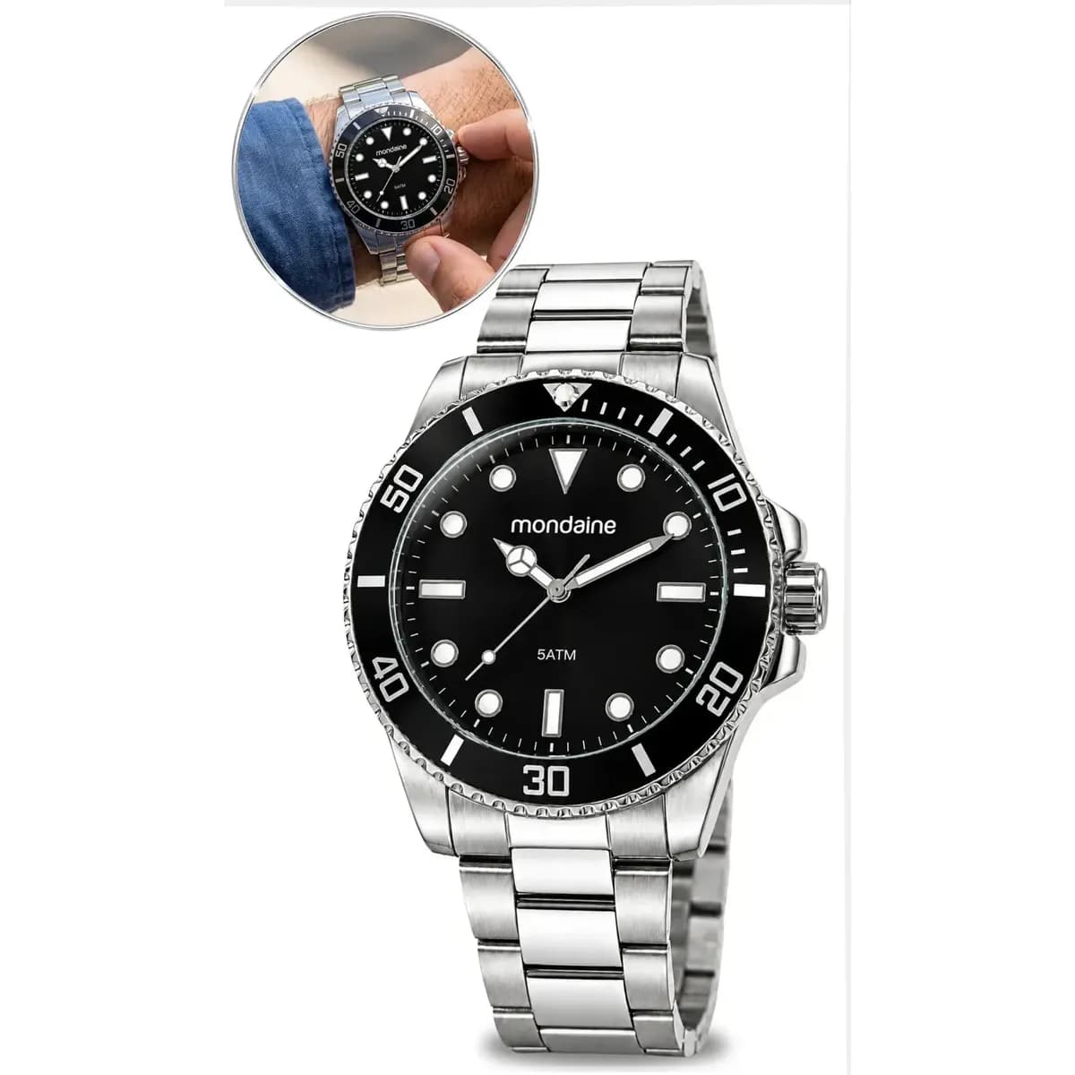 Relógio Mondiane Masculino 32549g0mvne1 Aco Inox Prata Fundo Preto Analogico Prova Dágua 50m