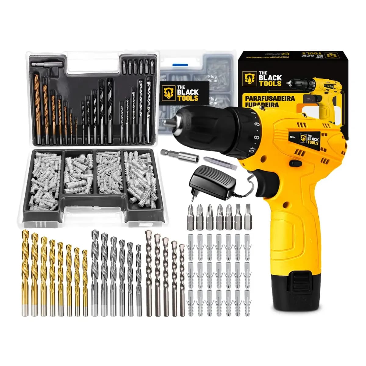 Furadeira Parafusadeira A Bateria 12V 3/8” 10mm Bivolt 350 Rpm The Black Tools + Jogo De Brocas Bits Buchas C/ 300 Peças