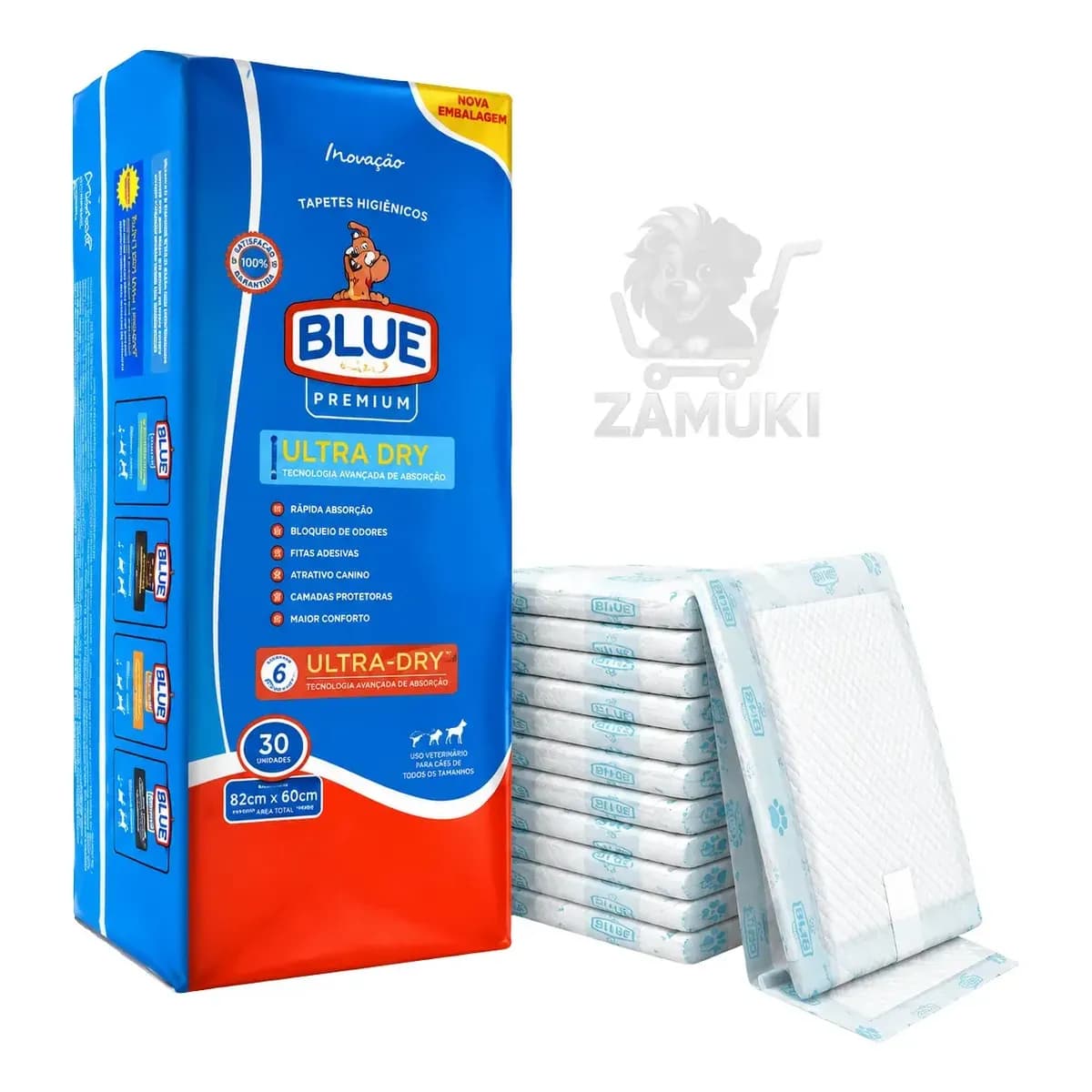 Tapete Higiênico P/ Cães Blue Premium Ultra Dry 82x60cm 30un Azul