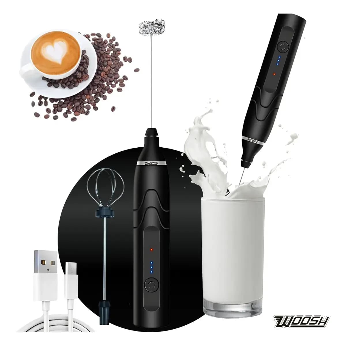 Mixer Elétrico Portátil 2 em 1 Recarregável Potente Misturador de Bebidas e Ovos 3 Velocidades Usb Batedor e Fue Fouet