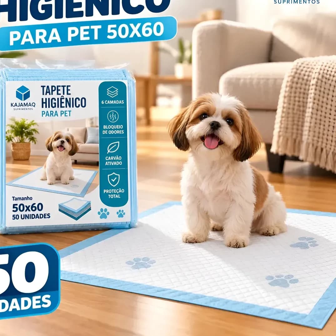 Tapete Higienico Cães Gato Pet 60x50 Absorção Rápida 50 Unid Branco Com As Bordas Azuis