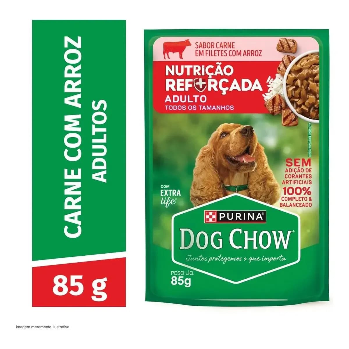 Ração Úmida Sachê Purina Dog Chow Cão Adulto Carne Arroz 85g x15un