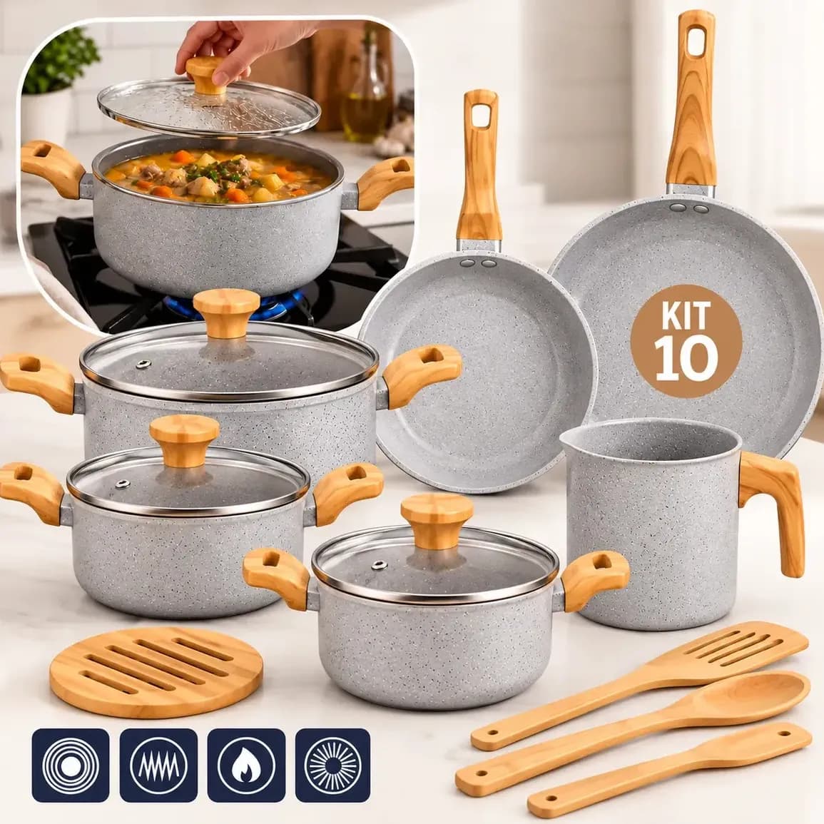 Conjunto de Panelas Cerâmica Mimo Style Pratic Cook com 10 Peças e Antiaderente para Indução