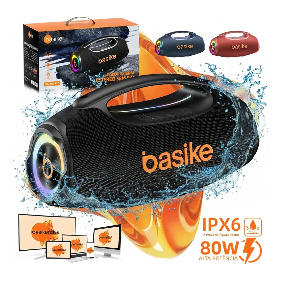 Basike Caixa de Som Portátil Com Bluetooth Boombox 80W 8000Mah 10hrs Sem fio IPX6 À Prova D'água Com Bateria Recarregavel Luz RGB Hifi TWS Bass Forte Áudio de Alta Qualid Para TV Festa Casa Subwoofer