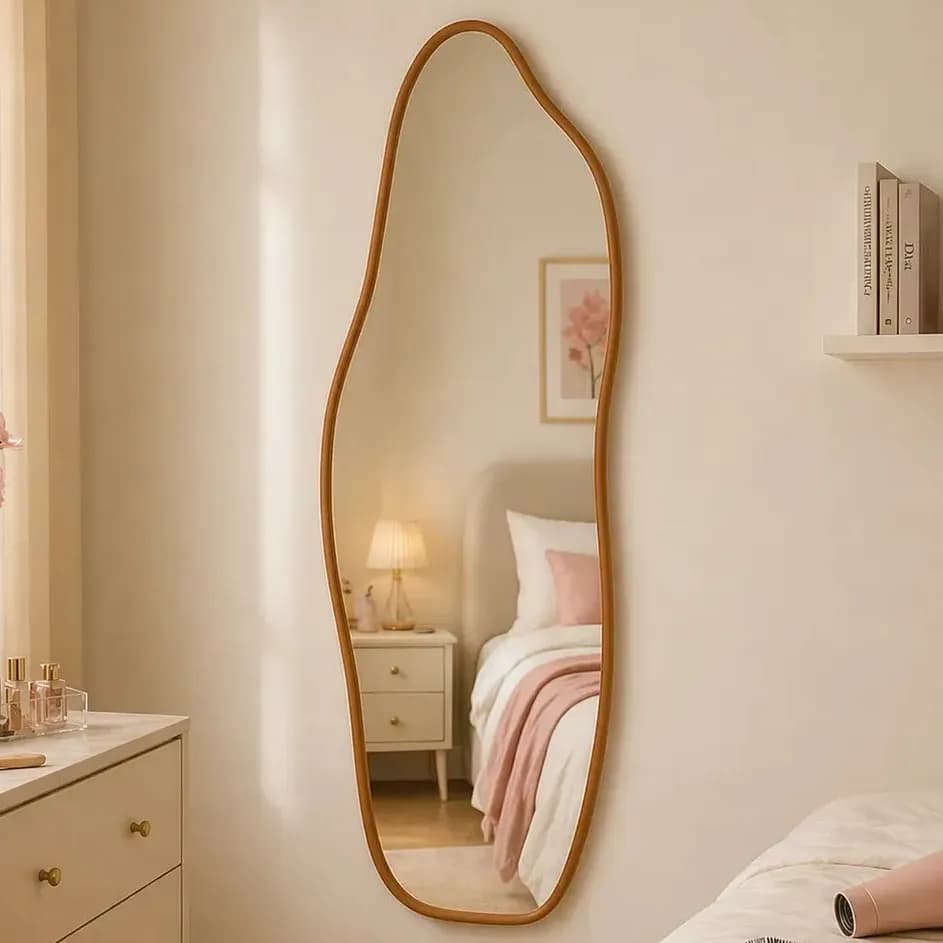 Espelho Orgânico 70x30cm Moldura De Couro Caramelo Decorativos Sala Premium Luxo Closet Corpo Inteiro Para Quarto Sala Camarim Hall Moderno Reforçado Prime Vmex