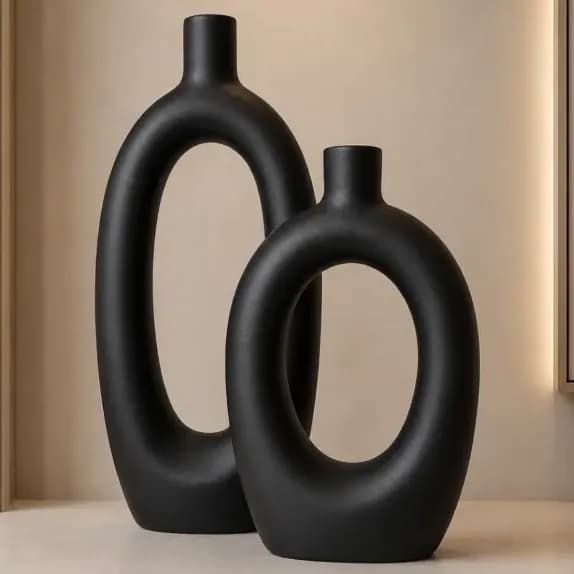 Kit 2 Vasos Decorativos Escultura Cerâmica Moderno Decoração Preto Kit 2 Vazado G/m