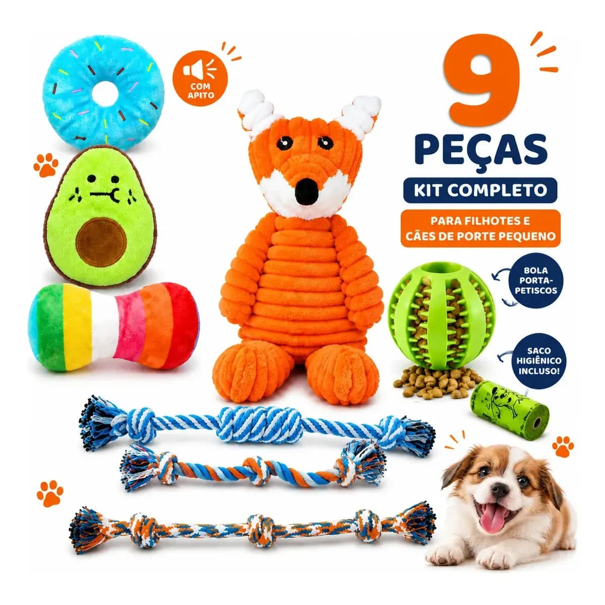 Kit de Brinquedos Para Cachorro Pequeno e Filhote – 9 Peças Anti-Estresse e Dentição