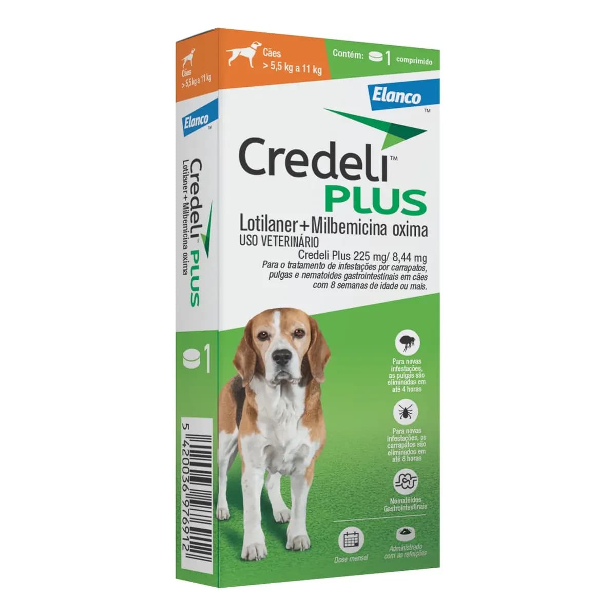 Credeli Plus Para Cães 5,5kg a 11kg 225mg | Antipulgas, Carrapatos E Vermífugo | 1 Comprimido Original Elanco