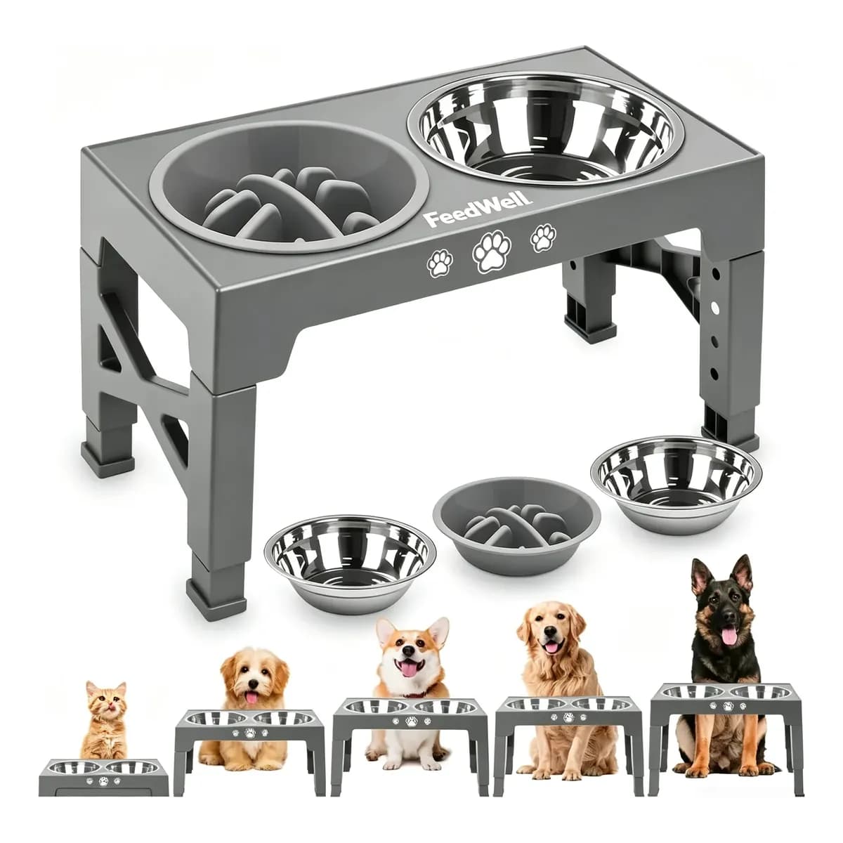 Comedouro Bebedouro Elevado Cão Gato Inox Duplo Altura Cinza 0 Cinza