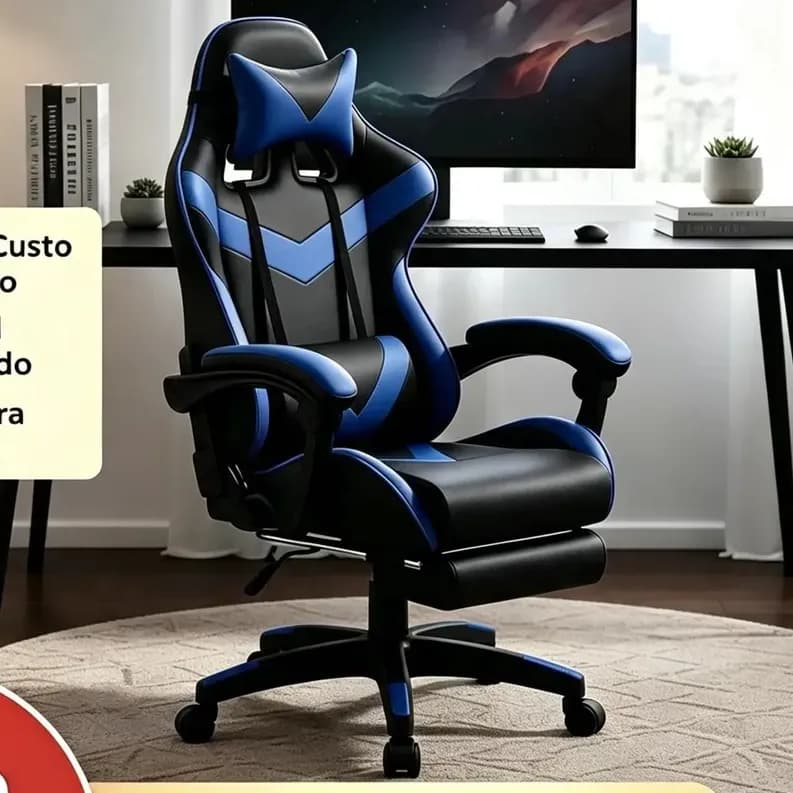 Cadeira Gamer Sweet Studio Ergonômica Reclinável em Couro Sintético Azul com Apoio de Pés