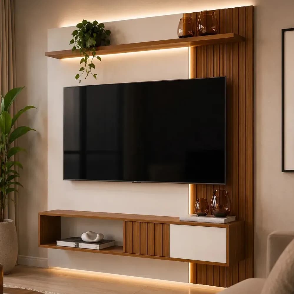 Painel Bancada Suspensa Dj Cosmos 1500 Para Tv Até 65 Ripado Porta Deslizante Design Sala Moderna Trio Casa Freijó/Off White