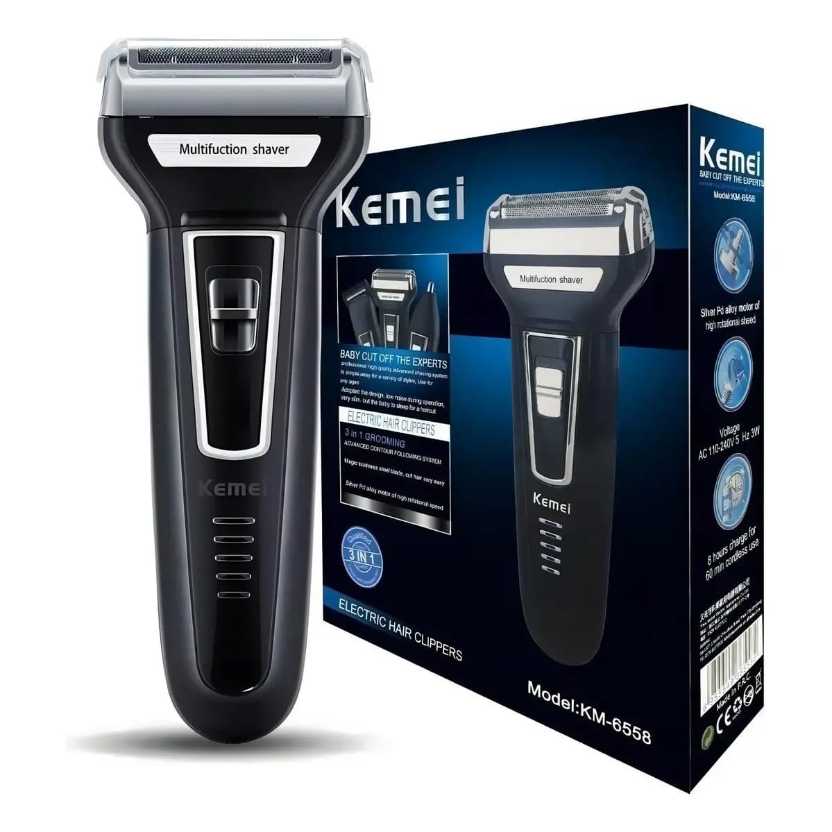 Aparador Barbeador Kemei KM-6558 Recarregável 3 Em 1 Cabeças Removíveis Bivolt