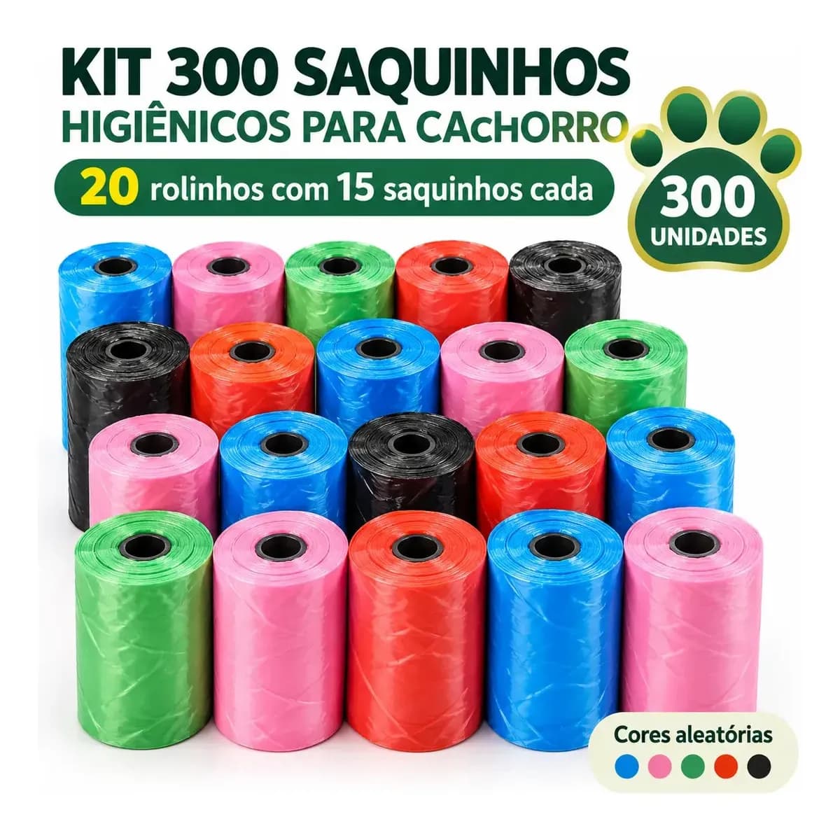 Kit de Saquinhos Higiênicos para Cão e Gato Colorido com 300 Unidades Coreoza