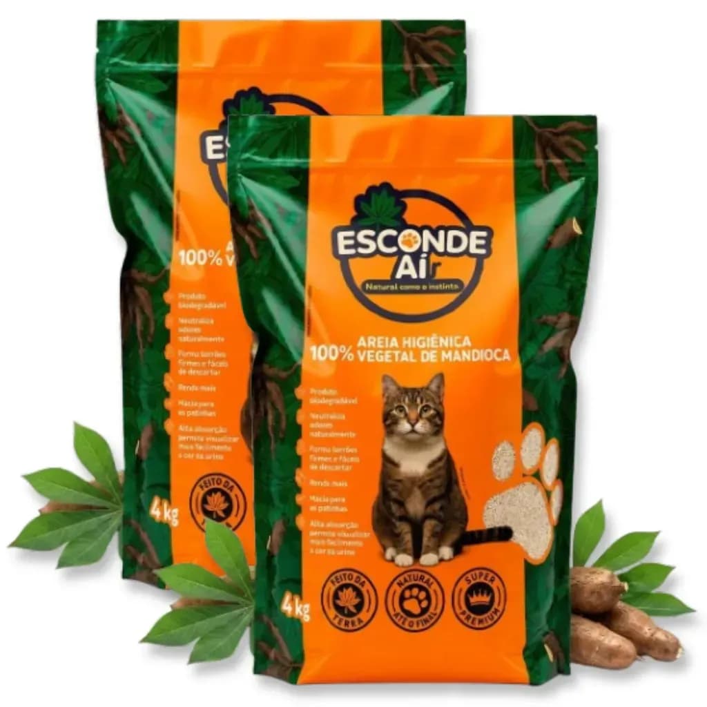 Kit com 2 Areias Sanitárias Esconde Ai de Mandioca Biodegradável para Gatos, 8kg no Total