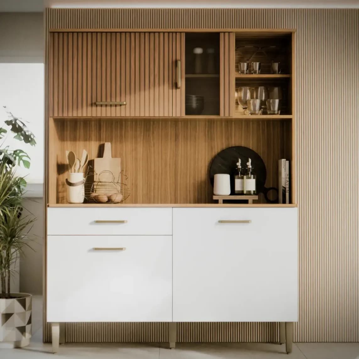 Armário de Cozinha M Casa Móveis Viena Compacto com Nicho e Balcão Multiuso Branco/Ripado