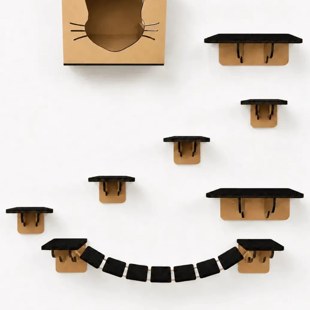 Playground Para Gato Brinquedo 8 Peças Nicho Degraus Prateleiras Ponte Com Carpete Antiderrapante - Grupo Paraíso Mdf