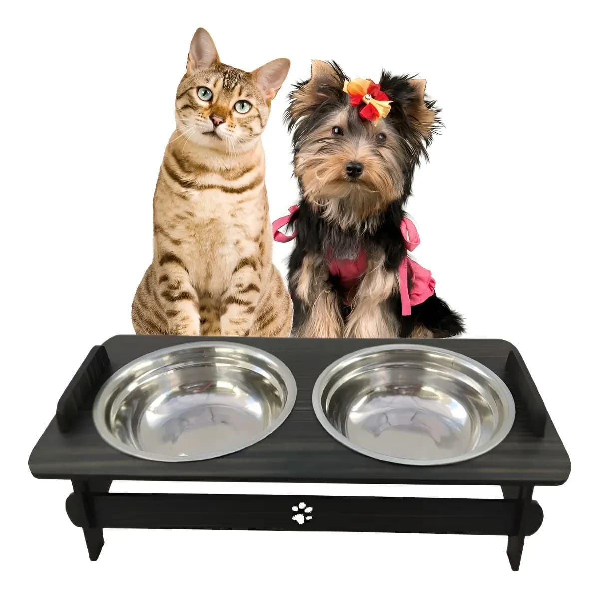 Comedouro Pet Elevado Duplo Gato E Cachorro 2 Tigelas Inox Cor Preto