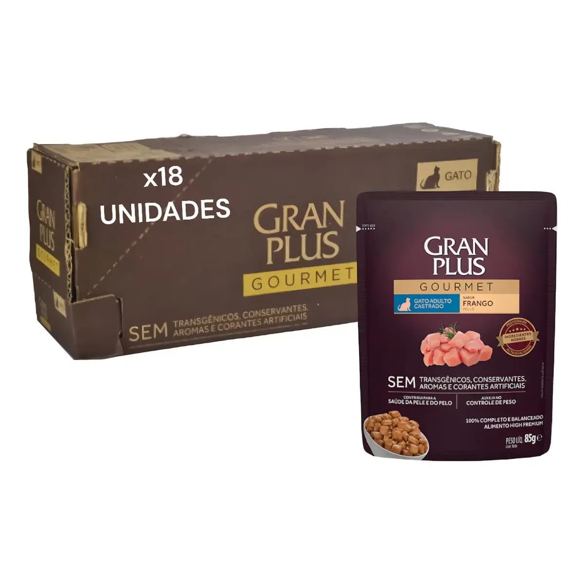 Caixa Ração Úmida Granplus Frango Gatos Castrados 18 Sachês, 85g cada