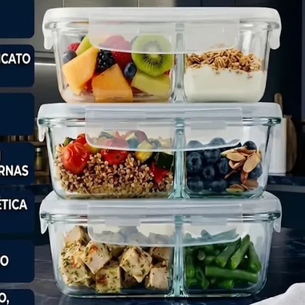 Kit 3 Potes de Vidro 1040ml com Divisória e Tampa Hermética Borossilicato Pítia