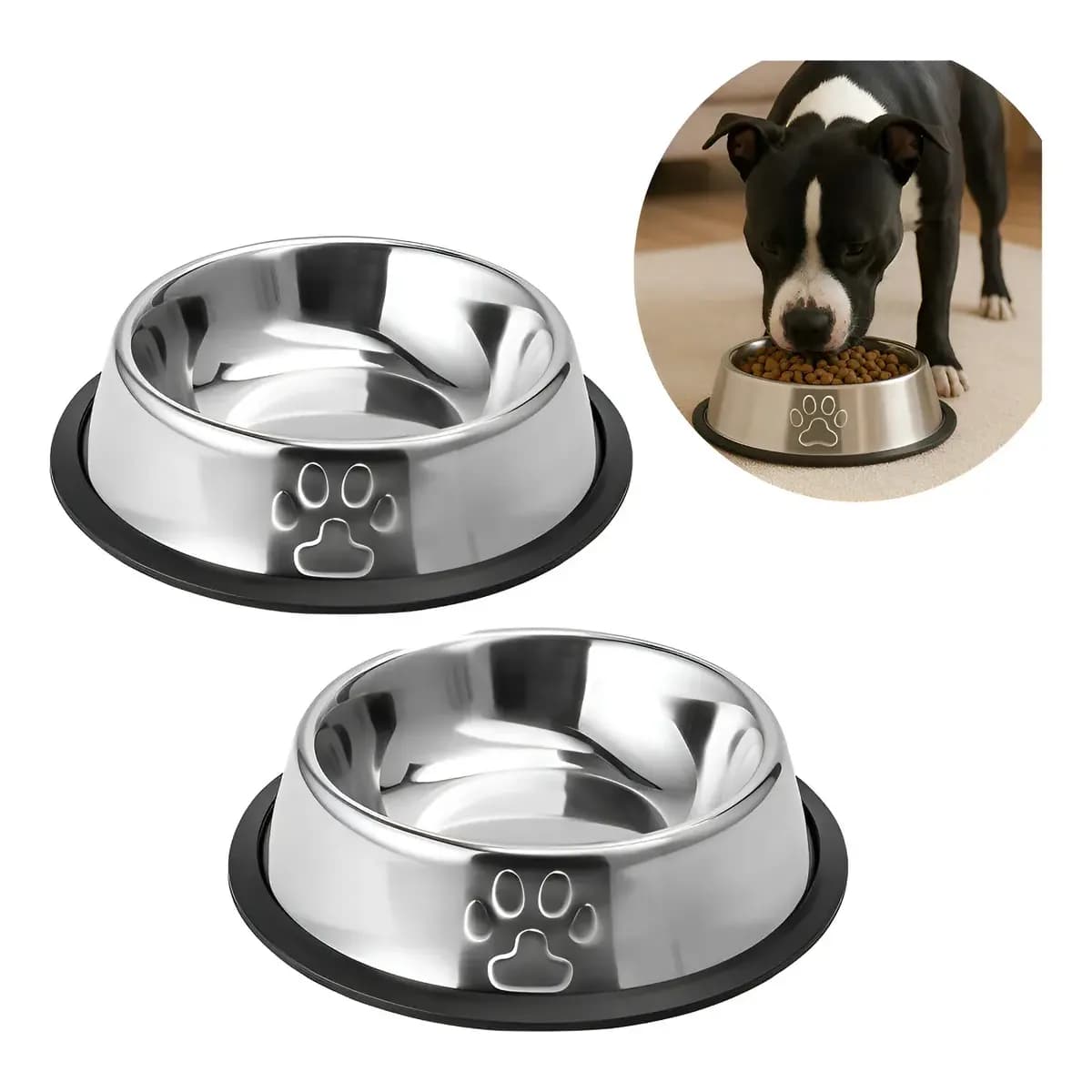 Kit 2 Comedouros Comedouro Pet Inox 900ml Antiderrapante Prateado